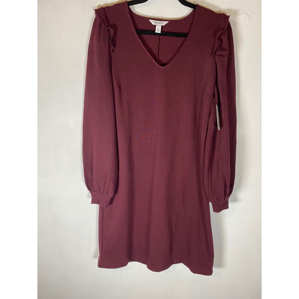 Cottagecore Plum Burgundy‎ Ruffle Shoulder Midi Sweater Dress Soft NWT M